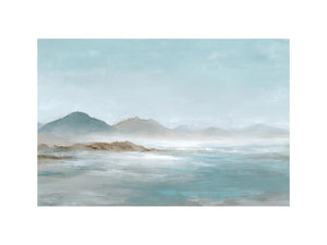 Soft blue mountain landscape canvas art for calm modern living room decor.