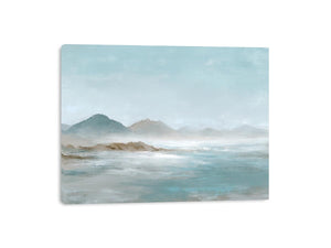 Soft blue mountain landscape canvas art for calm modern living room decor.