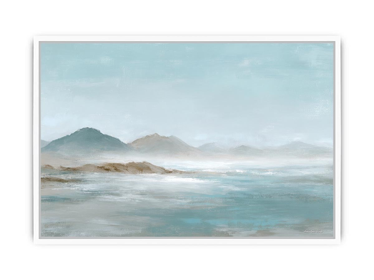 Soft blue mountain landscape canvas art for calm modern living room decor.