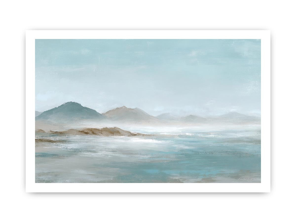 Soft blue mountain landscape canvas art for calm modern living room decor.
