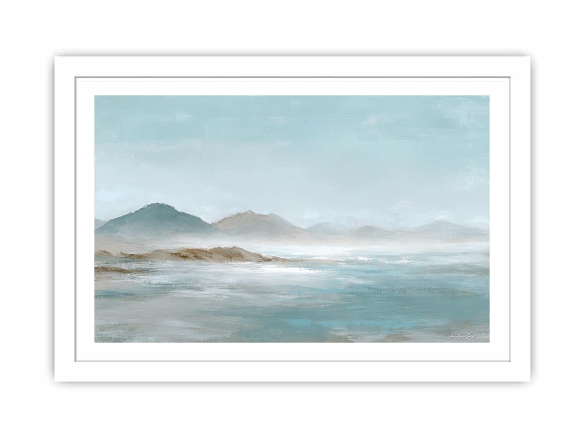 Soft blue mountain landscape canvas art for calm modern living room decor.