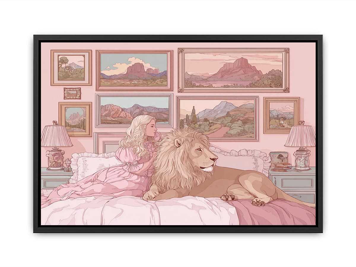 Pink fantasy girl and lion canvas art for whimsical kids bedroom decor.