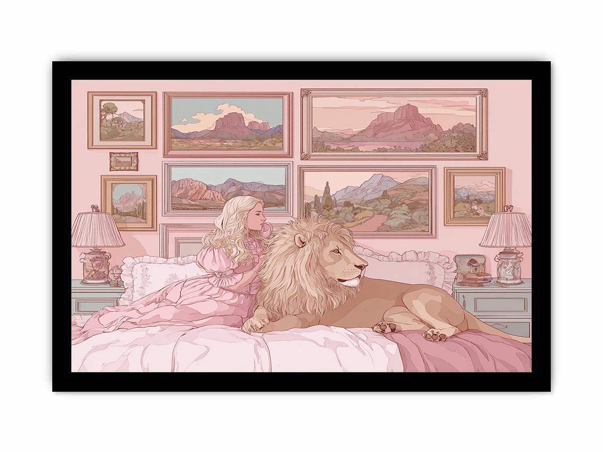 Pink fantasy girl and lion canvas art for whimsical kids bedroom decor.