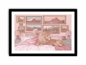 Pink fantasy girl and lion canvas art for whimsical kids bedroom decor.