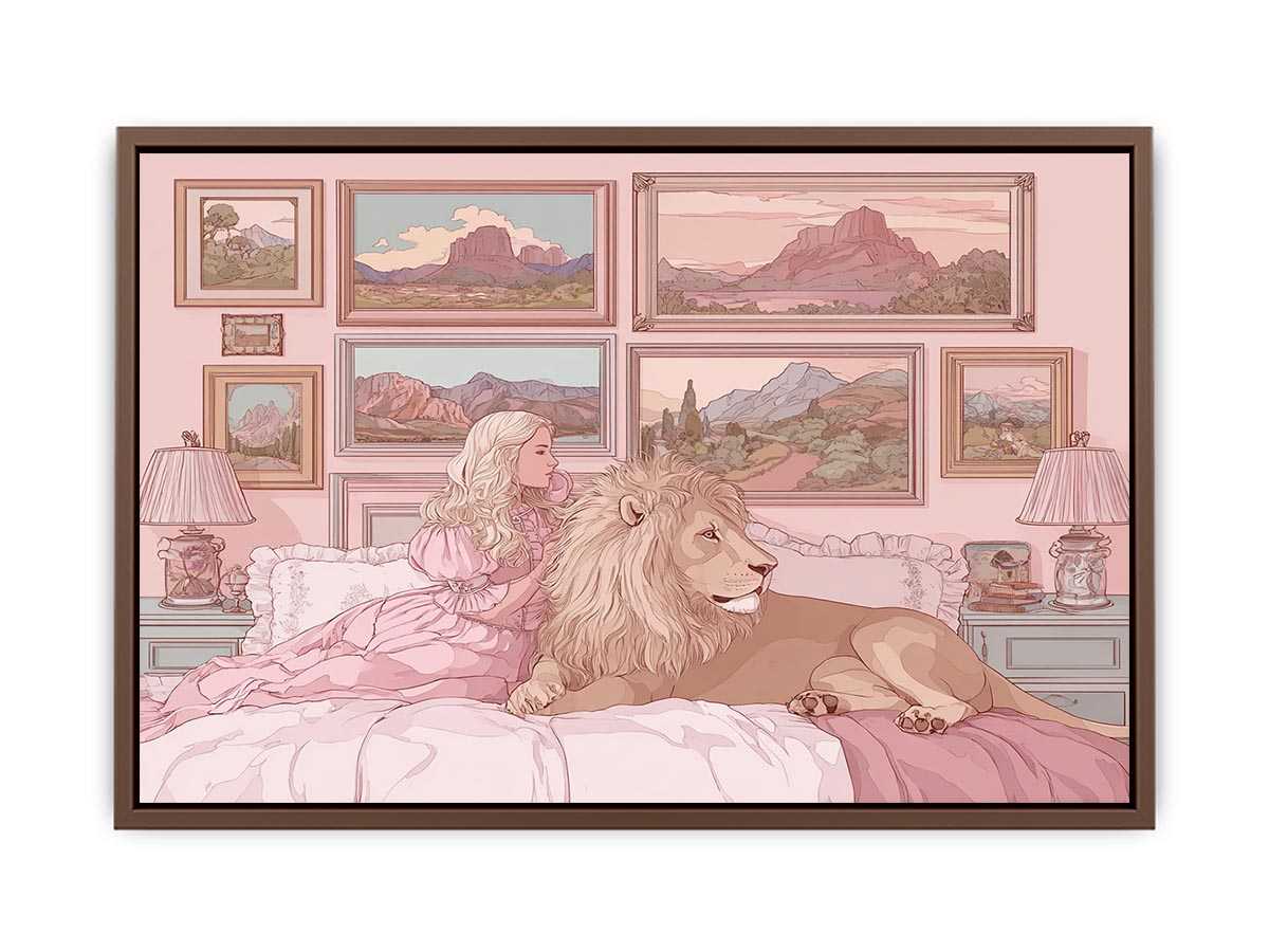 Pink fantasy girl and lion canvas art for whimsical kids bedroom decor.