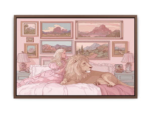 Pink fantasy girl and lion canvas art for whimsical kids bedroom decor.