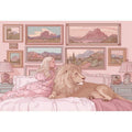 Pink fantasy girl and lion canvas art for whimsical kids bedroom decor.