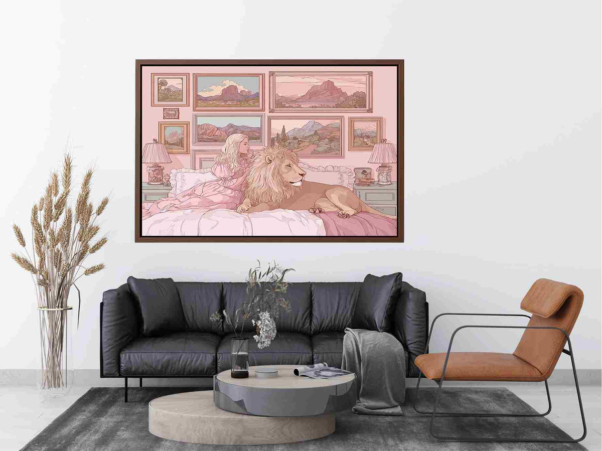 Pink fantasy girl and lion canvas art for whimsical kids bedroom decor.