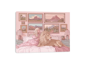 Pink fantasy girl and lion canvas art for whimsical kids bedroom decor.
