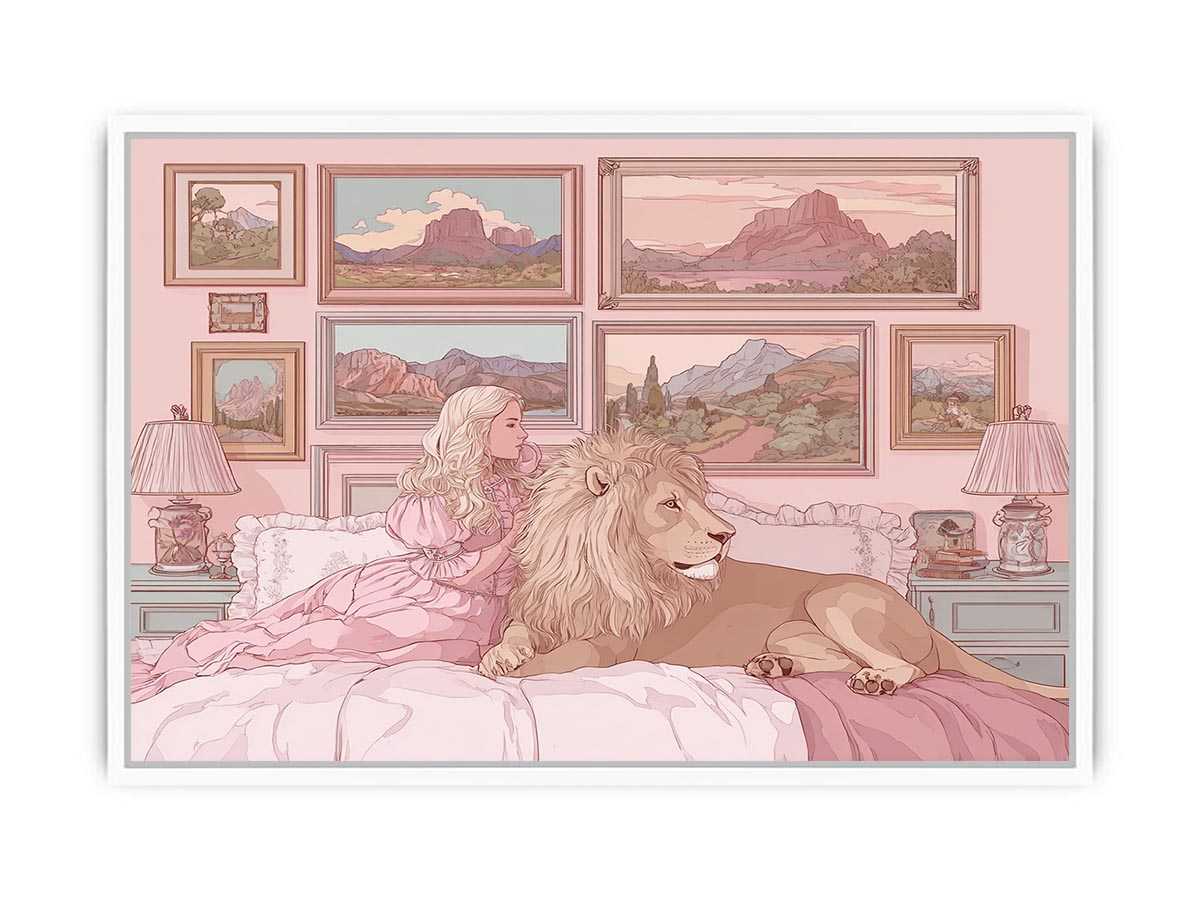 Pink fantasy girl and lion canvas art for whimsical kids bedroom decor.
