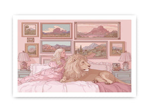 Pink fantasy girl and lion canvas art for whimsical kids bedroom decor.