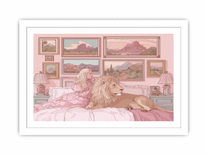 Pink fantasy girl and lion canvas art for whimsical kids bedroom decor.