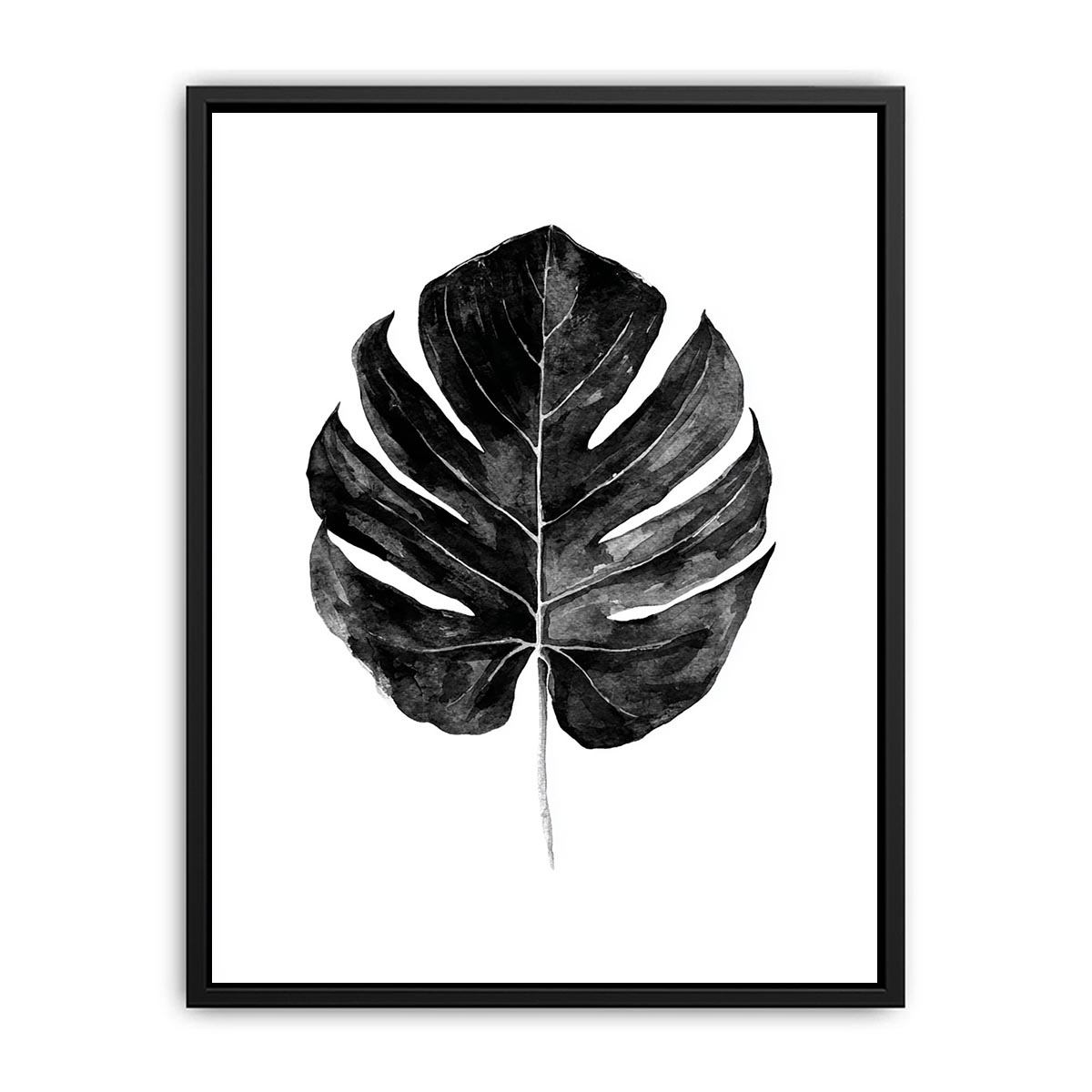 Black monstera leaf watercolor wall art for modern living room decor.