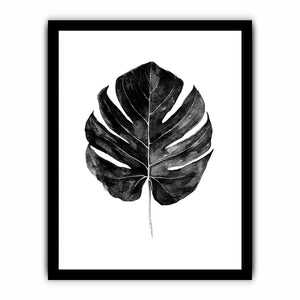 Black monstera leaf watercolor wall art for modern living room decor.