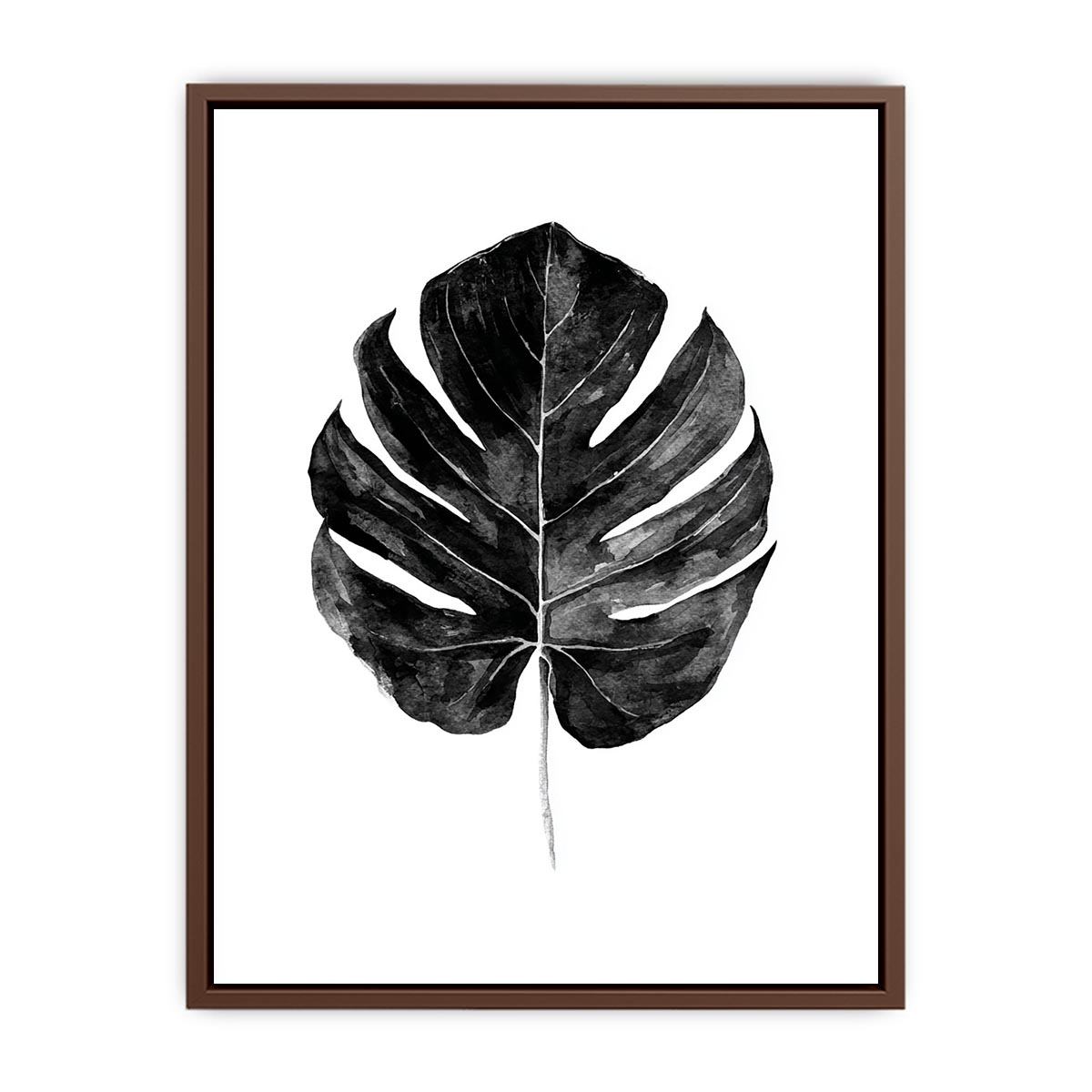 Black monstera leaf watercolor wall art for modern living room decor.