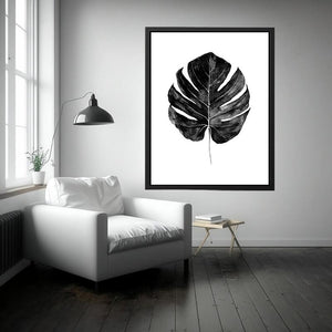 Black monstera leaf watercolor wall art for modern living room decor.