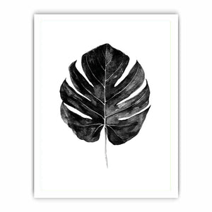 Black monstera leaf watercolor wall art for modern living room decor.