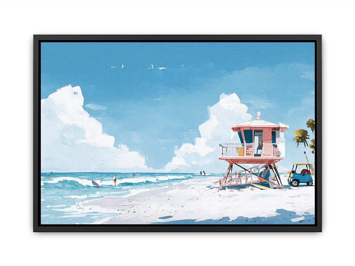 Pastel lifeguard tower beach canvas art for coastal living room decor.