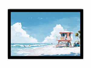 Pastel lifeguard tower beach canvas art for coastal living room decor.
