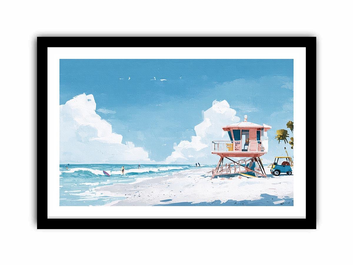 Pastel lifeguard tower beach canvas art for coastal living room decor.