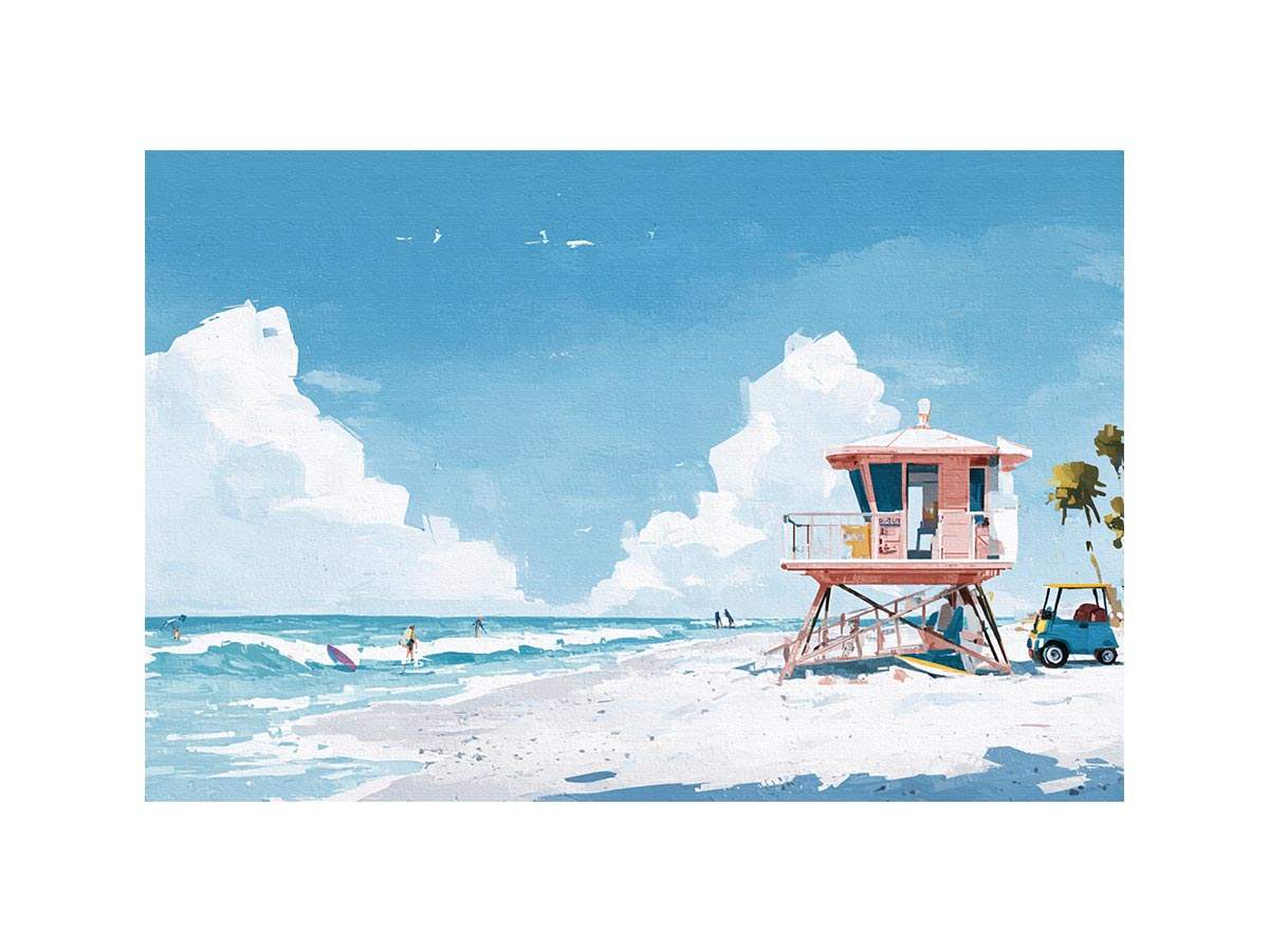 Pastel lifeguard tower beach canvas art for coastal living room decor.
