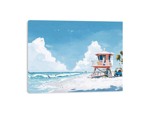 Pastel lifeguard tower beach canvas art for coastal living room decor.
