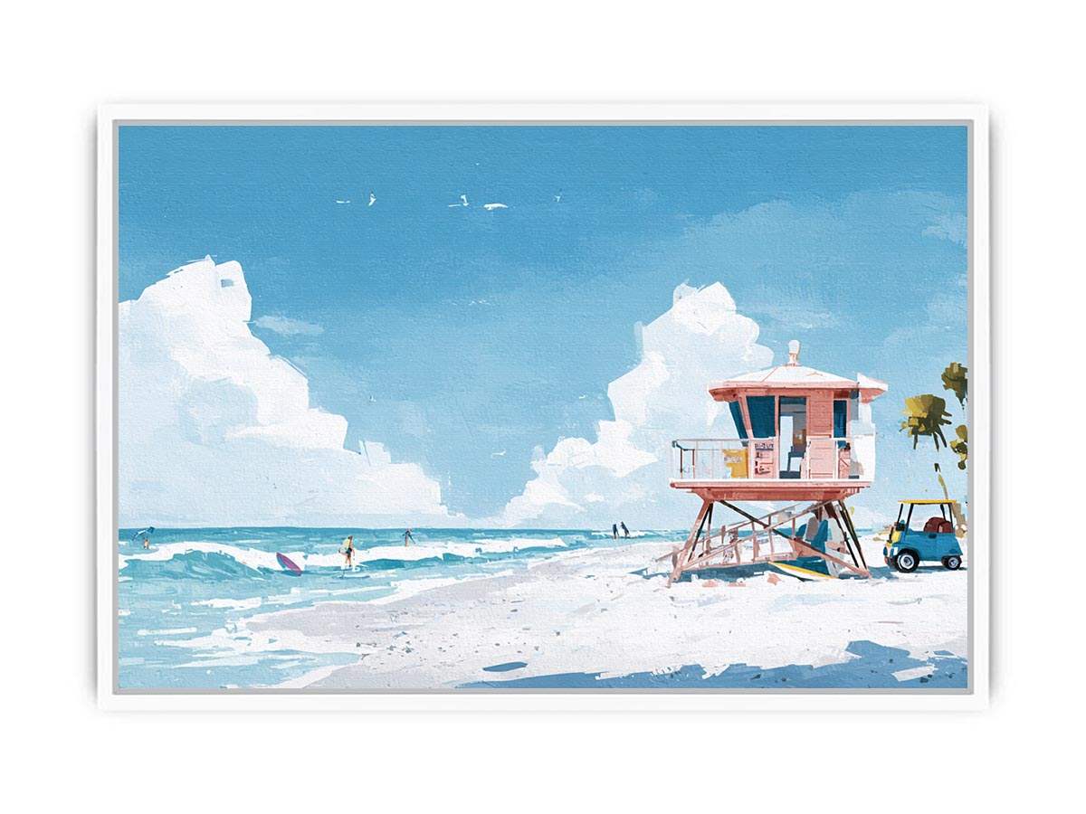 Pastel lifeguard tower beach canvas art for coastal living room decor.