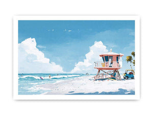 Pastel lifeguard tower beach canvas art for coastal living room decor.