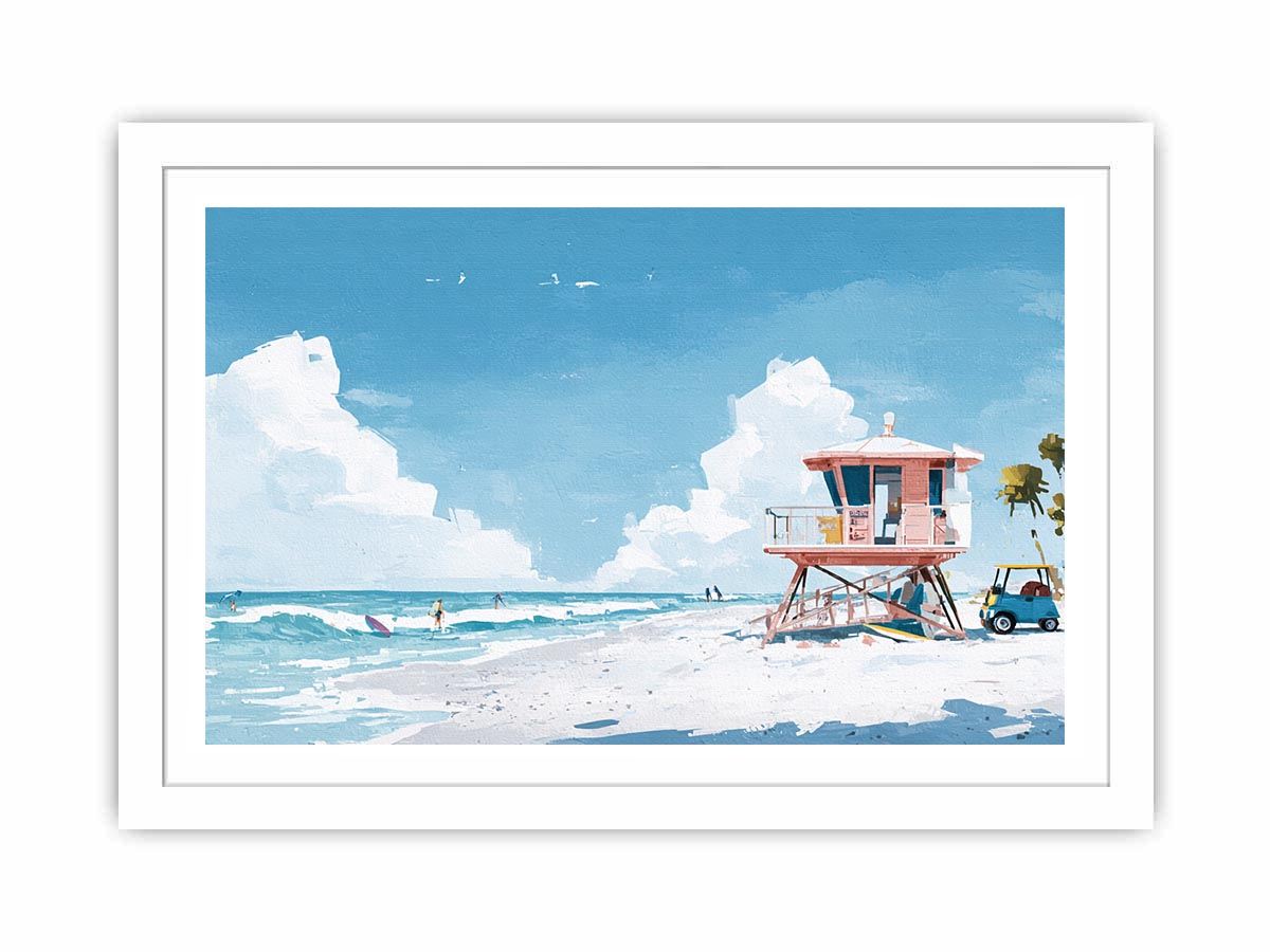 Pastel lifeguard tower beach canvas art for coastal living room decor.