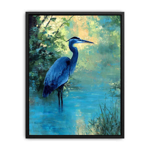 Blue heron wetland wildlife canvas art for serene living room decor.