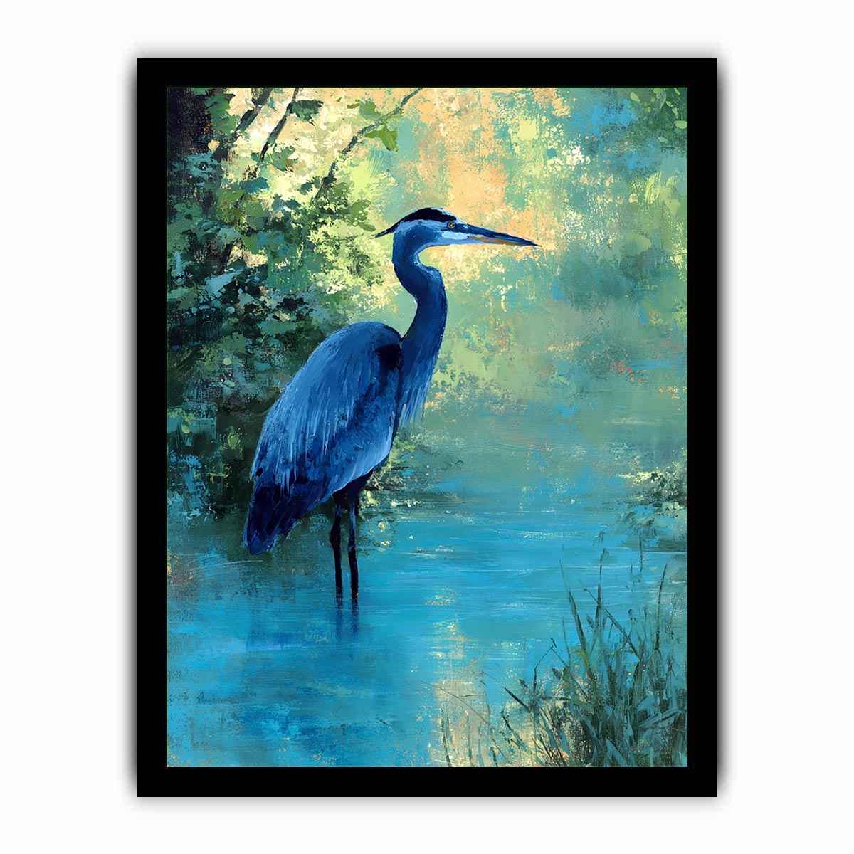 Blue heron wetland wildlife canvas art for serene living room decor.
