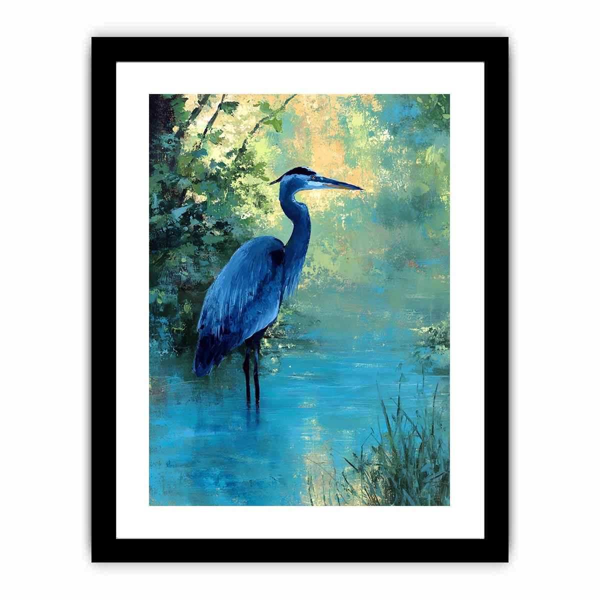 Blue heron wetland wildlife canvas art for serene living room decor.