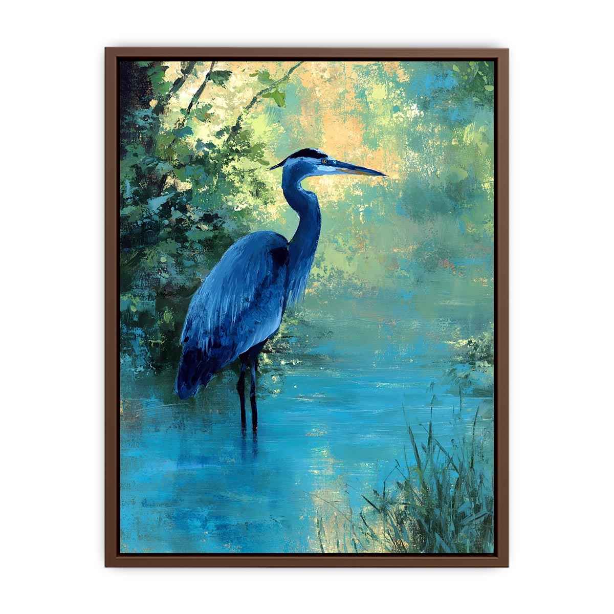 Blue heron wetland wildlife canvas art for serene living room decor.