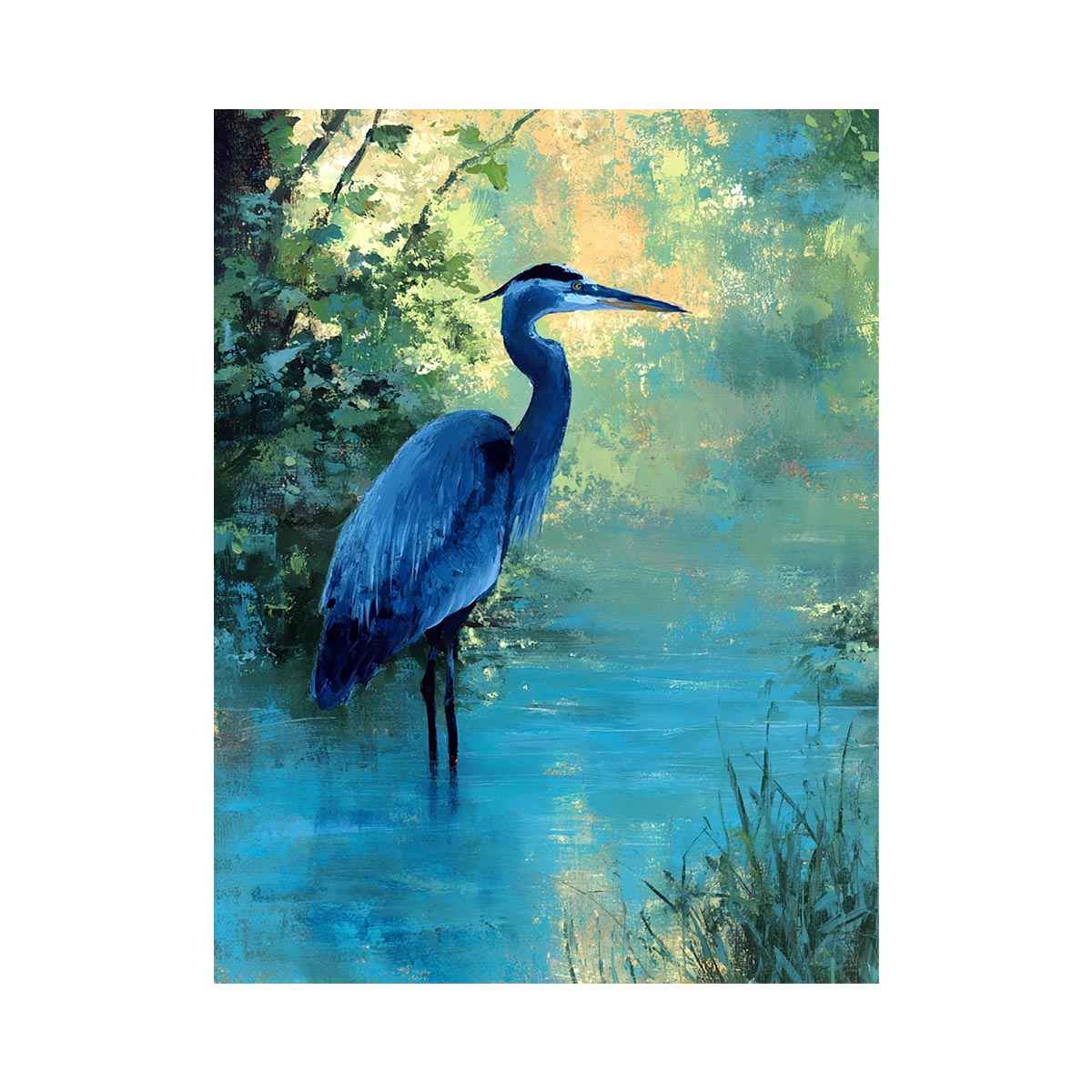 Blue heron wetland wildlife canvas art for serene living room decor.
