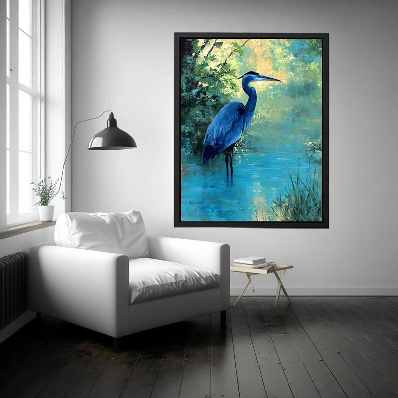 Blue heron wetland wildlife canvas art for serene living room decor.