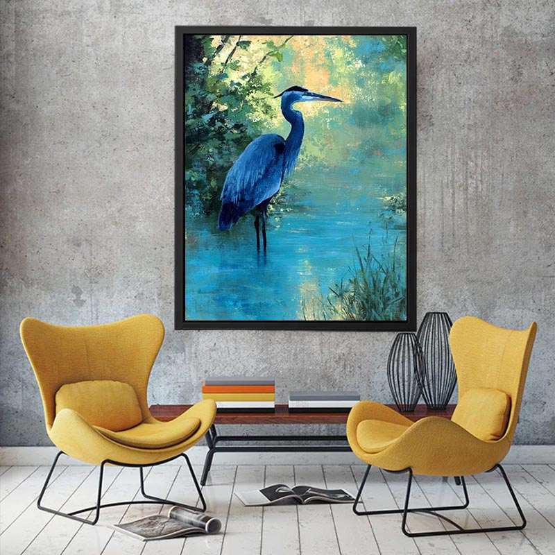 Blue heron wetland wildlife canvas art for serene living room decor.