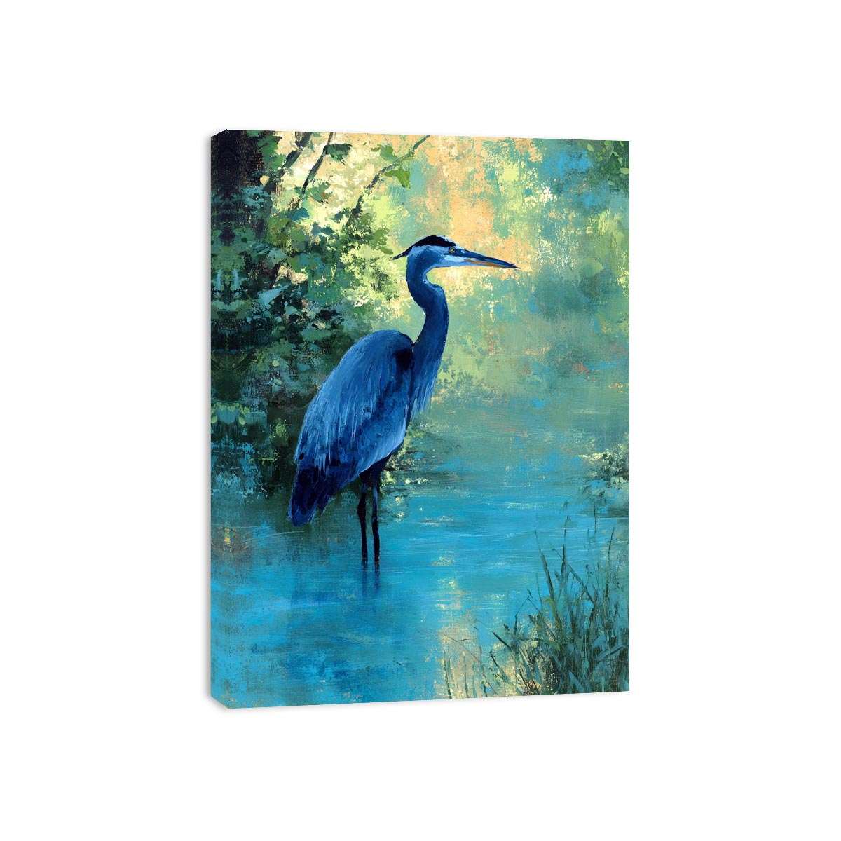 Blue heron wetland wildlife canvas art for serene living room decor.