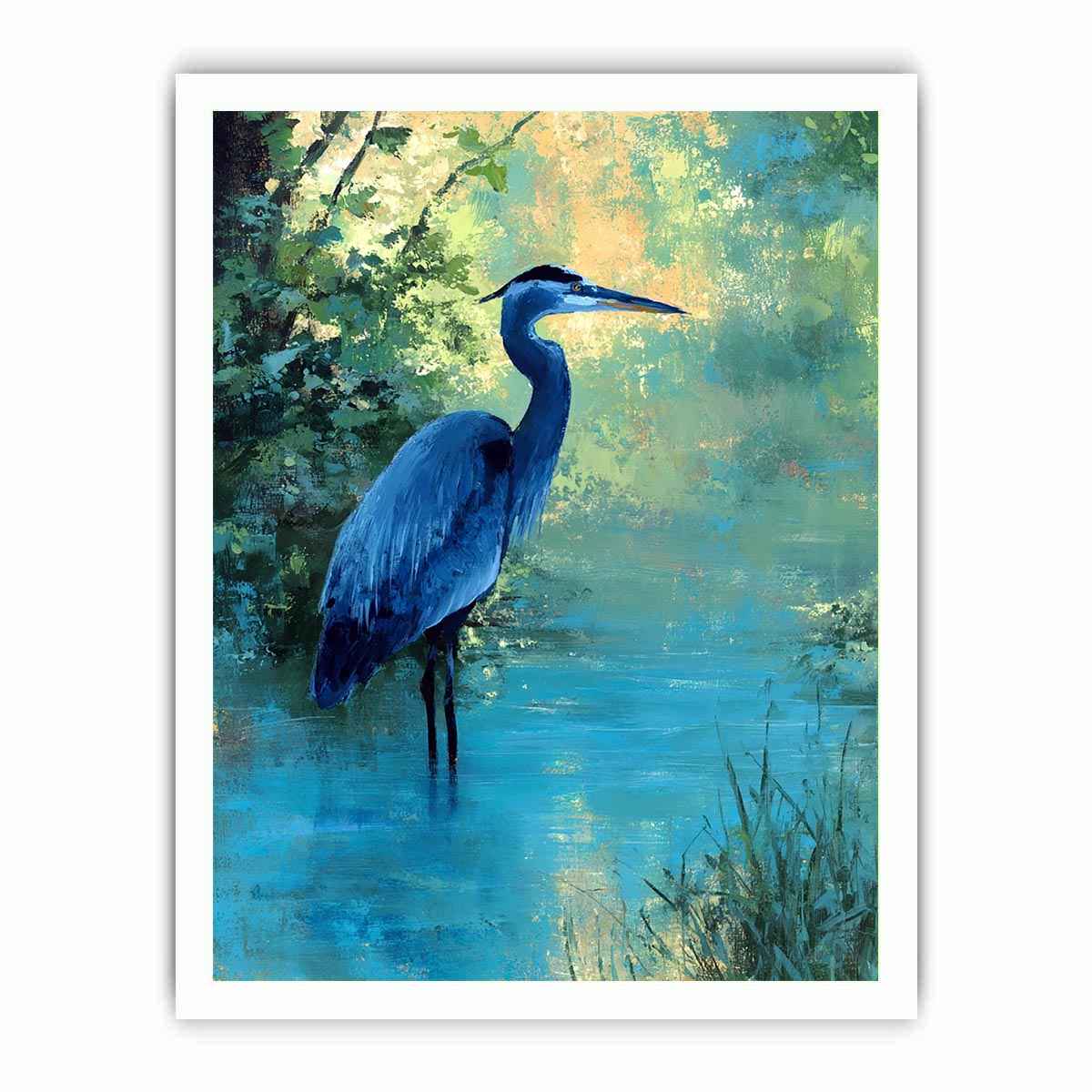 Blue heron wetland wildlife canvas art for serene living room decor.