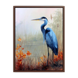 Blue heron and orange marsh flowers wall art for elegant bedroom decor.