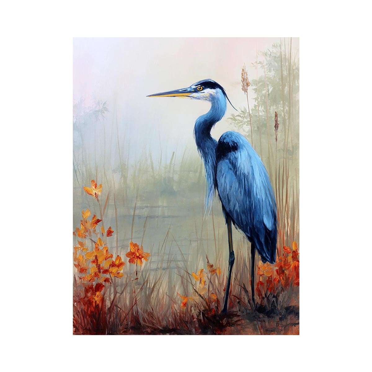 Blue heron and orange marsh flowers wall art for elegant bedroom decor.