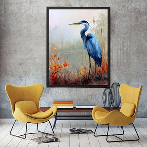 Blue heron and orange marsh flowers wall art for elegant bedroom decor.