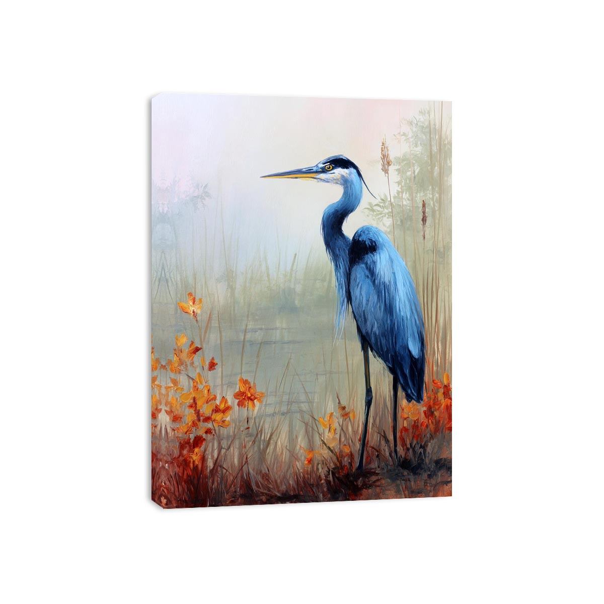 Blue heron and orange marsh flowers wall art for elegant bedroom decor.