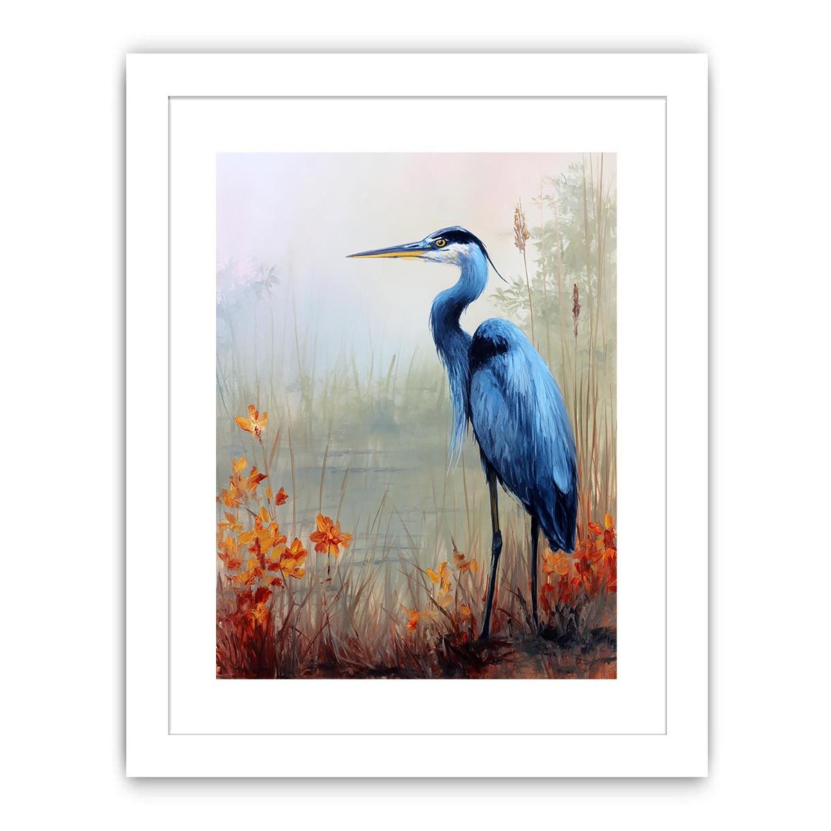 Blue heron and orange marsh flowers wall art for elegant bedroom decor.