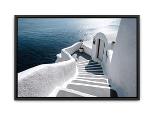 Santorini white steps ocean photography for modern coastal living room decor.