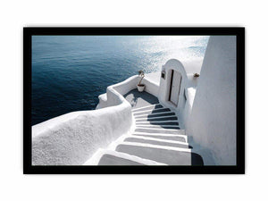 Santorini white steps ocean photography for modern coastal living room decor.
