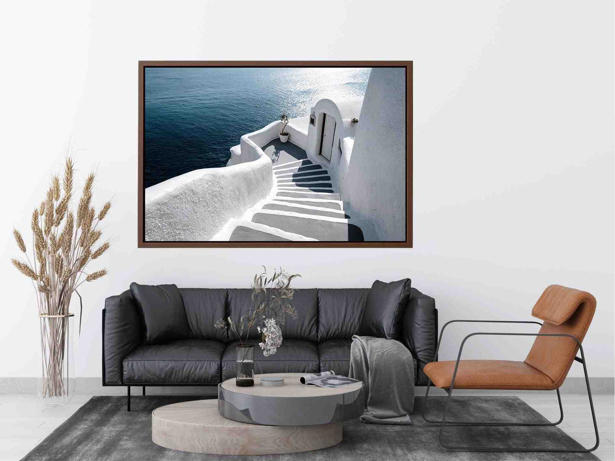 Santorini white steps ocean photography for modern coastal living room decor.
