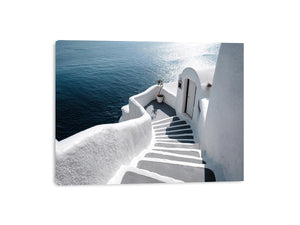 Santorini white steps ocean photography for modern coastal living room decor.