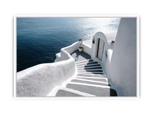 Santorini white steps ocean photography for modern coastal living room decor.