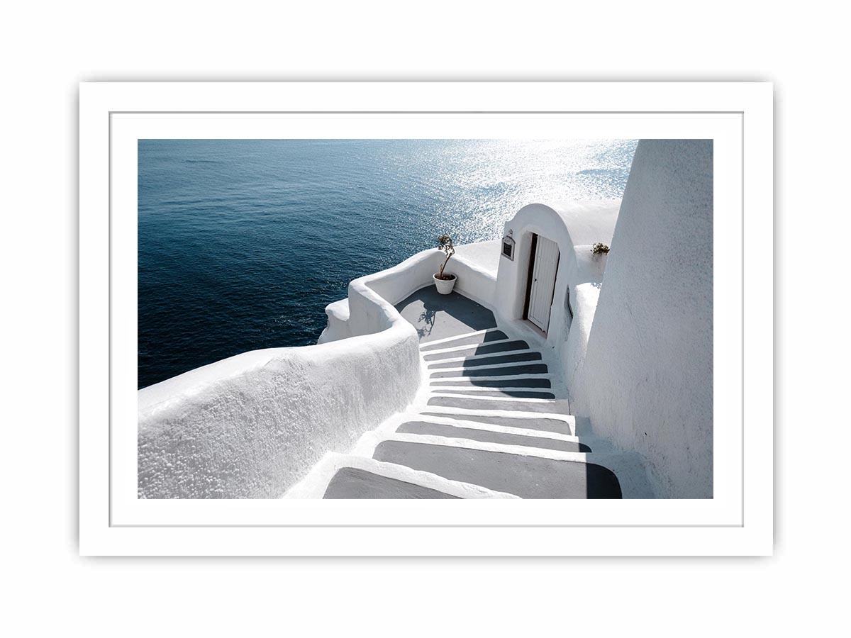 Santorini white steps ocean photography for modern coastal living room decor.