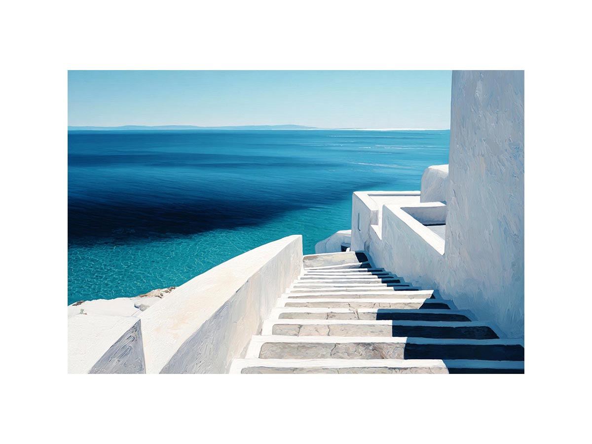 Mediterranean white stairs and turquoise sea canvas art for coastal living room decor.